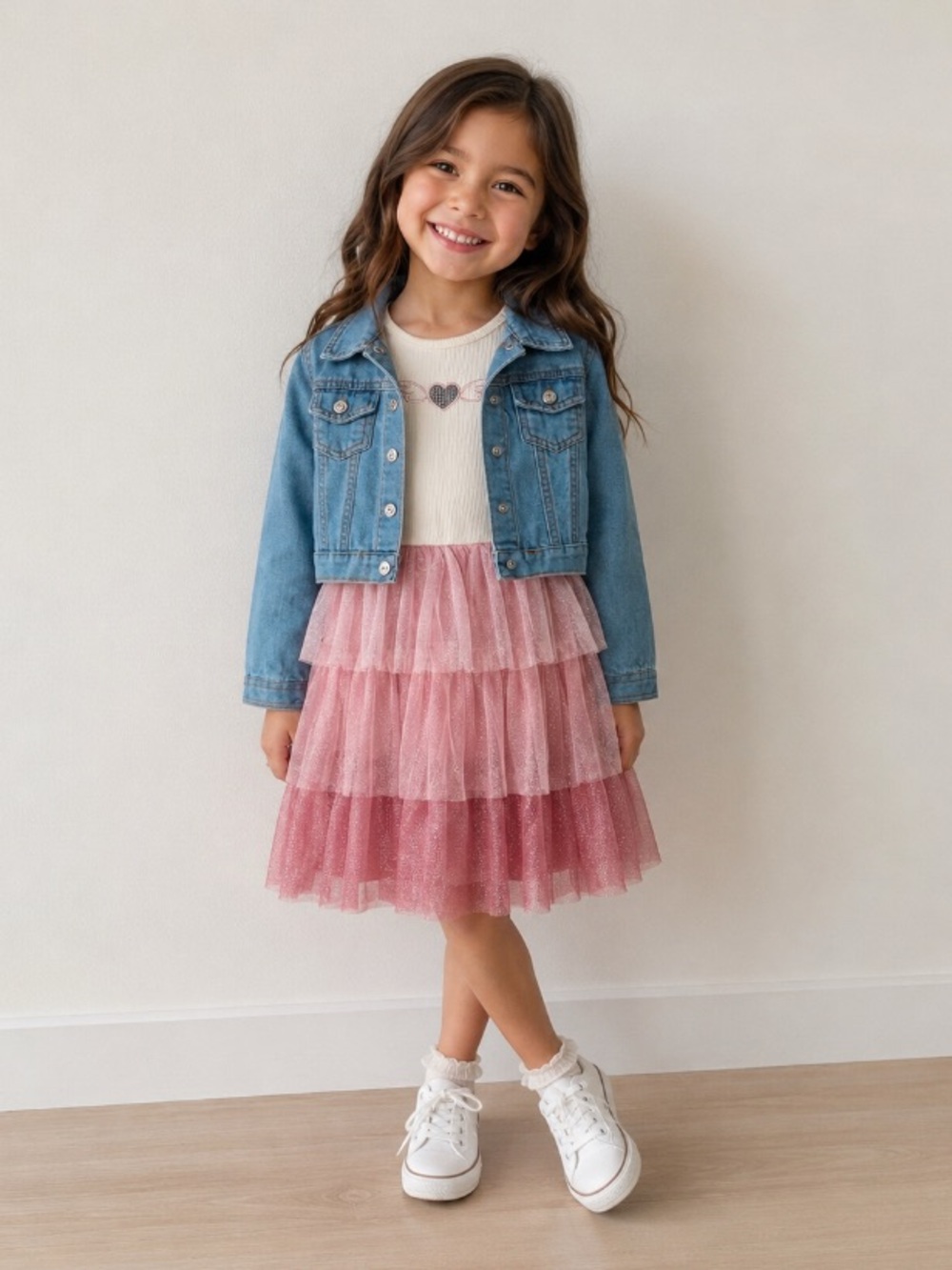 Nannette Kids Girl Pink Tiered Tulle Dress with Denim Jacket